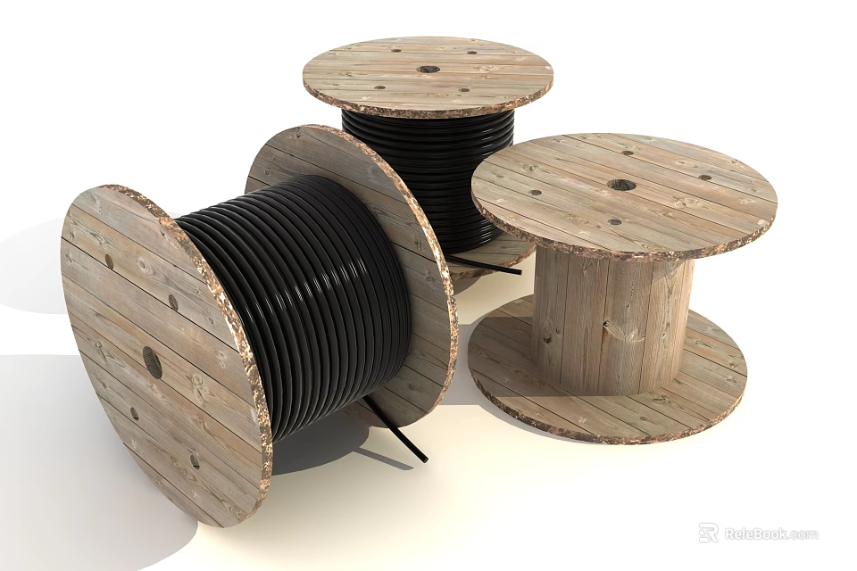 Three Wooden Cable Spools With Black Wires For Industrial Applications 3d model 
