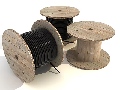Three Wooden Cable Spools With Black Wires For Industrial Applications 3d model