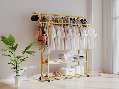 Yellow Mobile Clothes Rack With Hanging Clothes Bags Shoes And Storage Shelves Near Green Plant 3d model