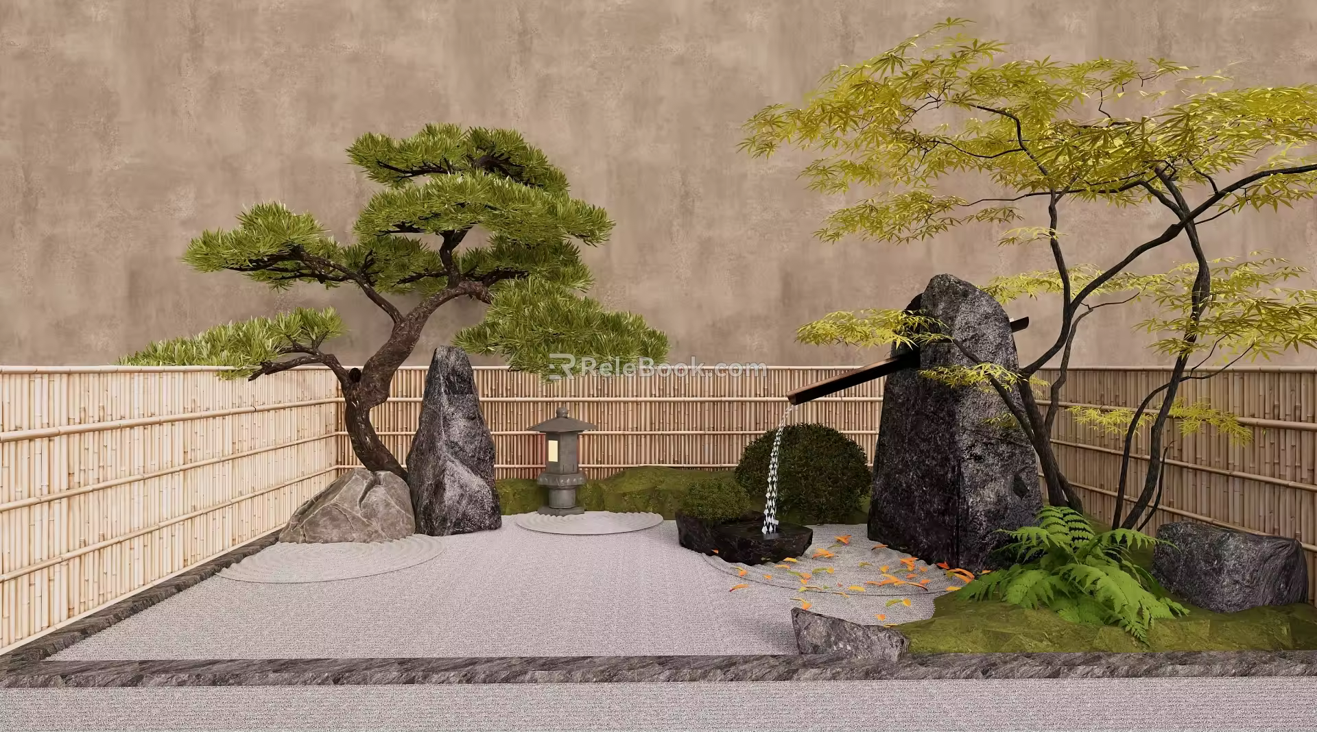 Courtyard garden sketch modern waterscape sketch landscape stone black flowing water stone bowl red maple stone lamp Luo Han pine 3d model