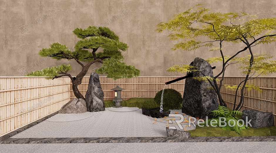 Courtyard garden sketch modern waterscape sketch landscape stone black flowing water stone bowl red maple stone lamp Luo Han pine model