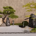Courtyard garden sketch modern waterscape sketch landscape stone black flowing water stone bowl red maple stone lamp Luo Han pine 3d model