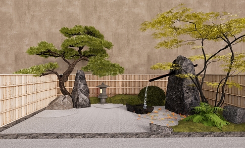 Courtyard garden sketch modern waterscape sketch landscape stone black flowing water stone bowl red maple stone lamp Luo Han pine 3d model