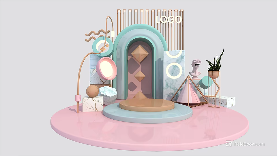 Modern Decorative Display Setup With Light Blue Arch Pink Base And Geometric Elements 3d model