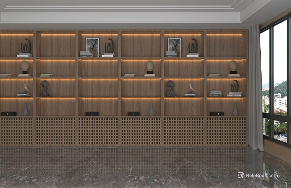 Modern Wooden Shelving Unit With Built in Lighting Decorative Items Books And Perforated Base 3d model 