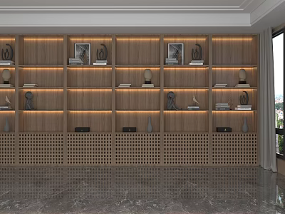 Modern Wooden Shelving Unit With Built in Lighting Decorative Items Books And Perforated Base 3d model