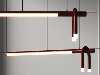 Modern Red Metal Frame Long Pendant Light With White Illumination In Interior Space 3d model