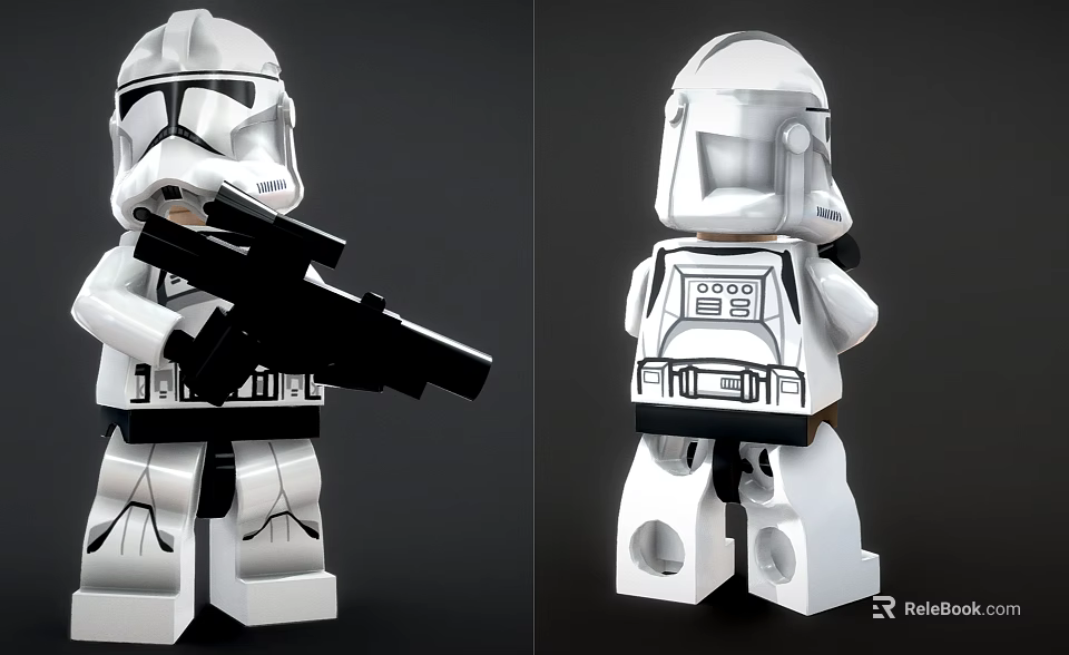 Detailed LEGO Clone Trooper Brick Figure with Front and Back View Holding Blaster Gun 3d model 