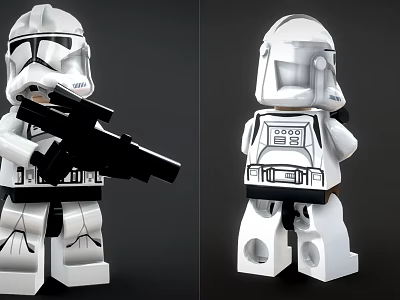 Detailed LEGO Clone Trooper Brick Figure with Front and Back View Holding Blaster Gun 3d model