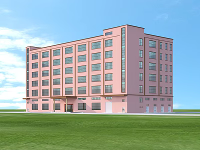 Pink Multi Storey Industrial Factory Building With Many Windows Green Grassland Blue Sky White Clouds 3d model