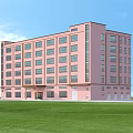 Pink Multi Storey Industrial Factory Building With Many Windows Green Grassland Blue Sky White Clouds