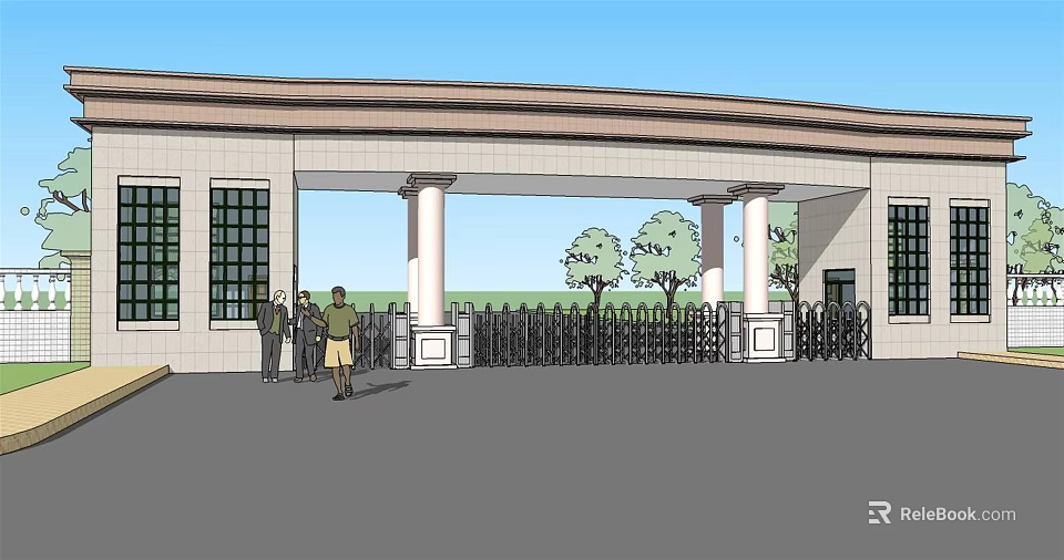 Entrance Gate With Columns And Black Fence In Building Exterior With Trees And People 3d model 