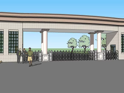 Entrance Gate With Columns And Black Fence In Building Exterior With Trees And People 3d model