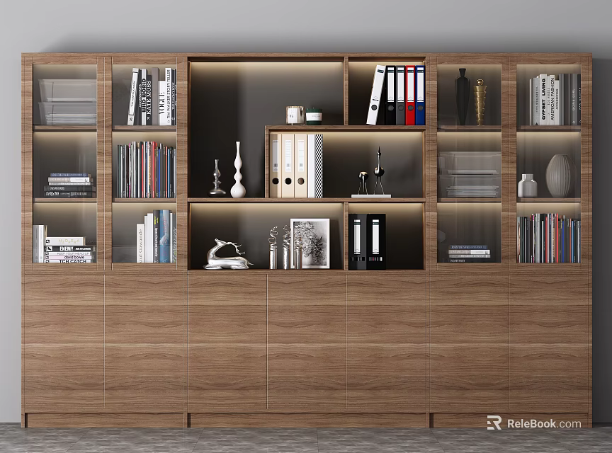 Modern Wooden Bookcase with Multiple Shelves Books Binders and Decorative Items 3d model 