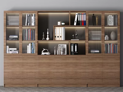 Modern Wooden Bookcase with Multiple Shelves Books Binders and Decorative Items 3d model
