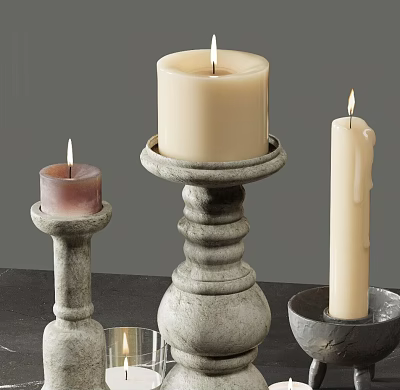 Decorative Candle Holders With Stone Metal Bases And White Pink Candles For Home Decor 3d model
