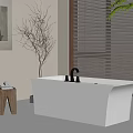 White Freestanding Bathtub in Modern Bathroom with Wooden Floor Blinds Plant and Wall Art