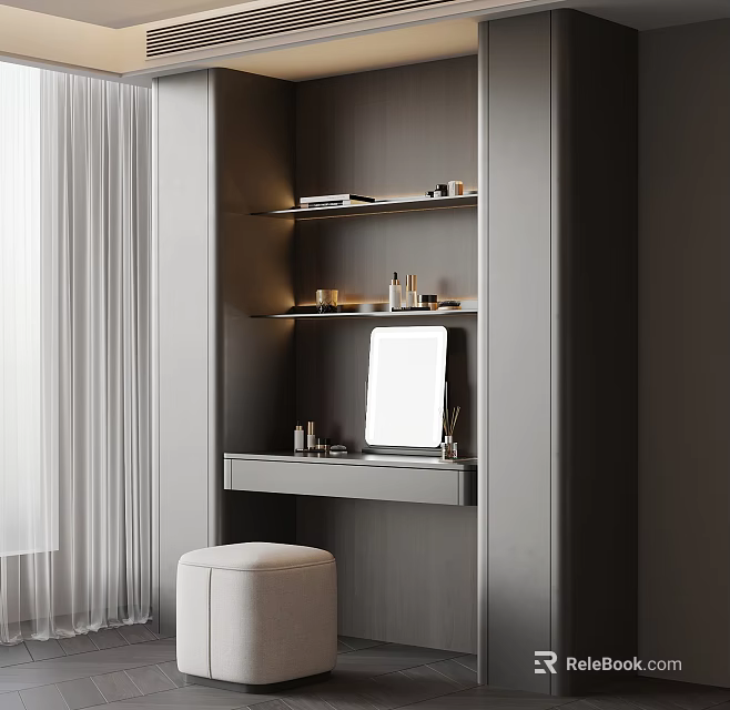 Modern Dressing Table With Mirror Stool And Cosmetics On Gray Wall 3d model