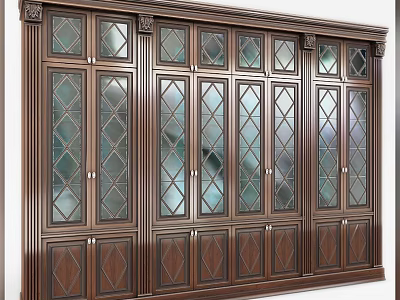 Classic Dark Wooden Dresser with Glass Doors Diamond Lattice and Decorative Carvings 3d model