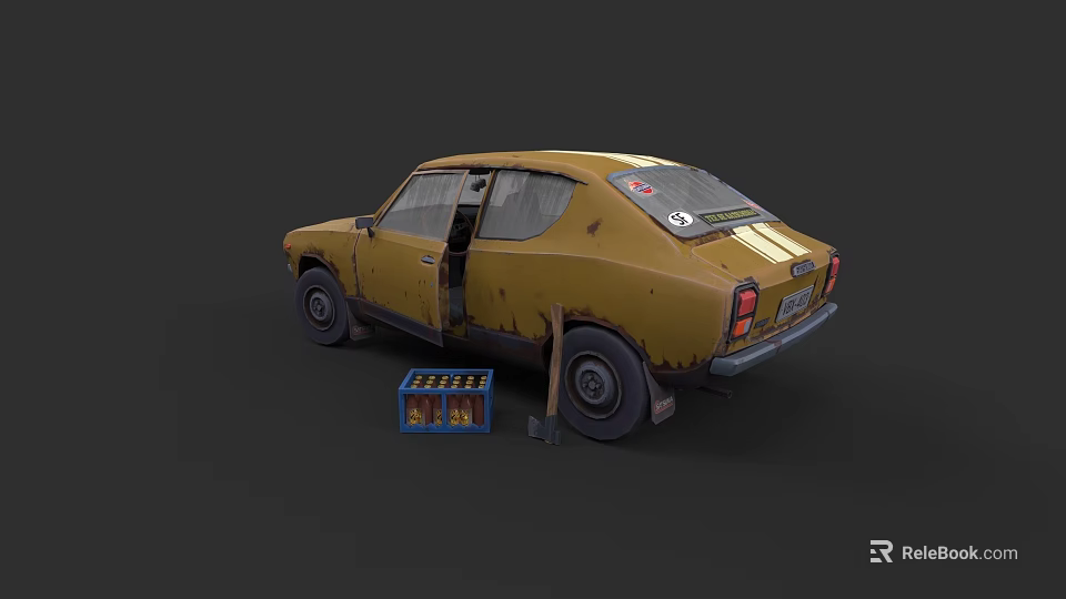 Vintage Old Rusty Yellow Car With Open Door Toolbox And Jack 3d model 