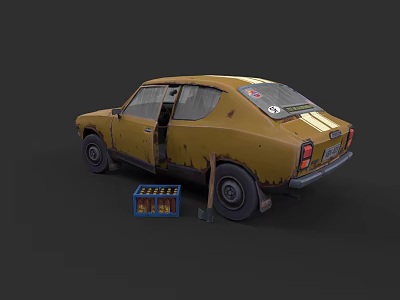 Vintage Old Rusty Yellow Car With Open Door Toolbox And Jack 3d model