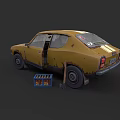 Vintage Old Rusty Yellow Car With Open Door Toolbox And Jack
