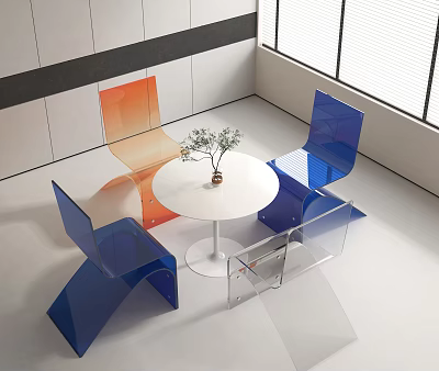 Modern Interior White Round Table with Orange Blue Transparent Chairs and Small Plant 3d model