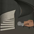 Modern Spiral Staircase With Curved Design Dark Wooden Walls White Steps Armchair And Round Lamps