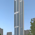 Modern High Rise Residential Building With Glass Facade Balconies Blue Sky And Surrounding Trees