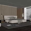 Modern Bedroom Interior With Wooden Panel Headboard Bedside Lamps Accent Chair And Large Window