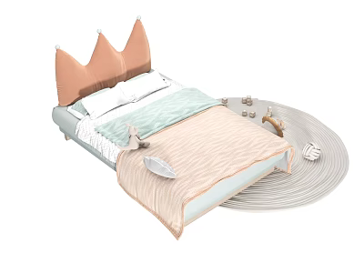 Kids Bed With Crown Shaped Headboard And Soft Pink Blue Bedding For Children 3d model
