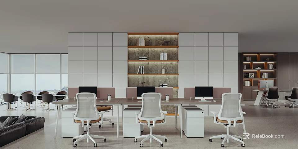 Modern Public Office Space With White Desks Chairs Computers Bookshelves And Large Windows 3d model 