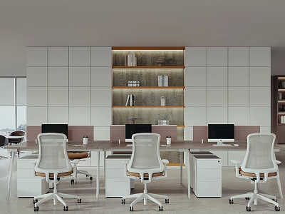 Modern Public Office Space With White Desks Chairs Computers Bookshelves And Large Windows 3d model