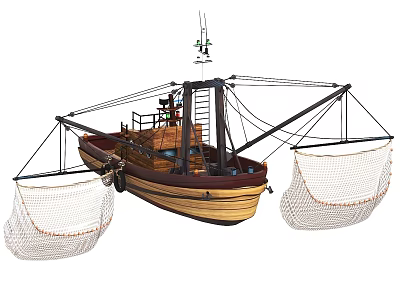 Vintage Wooden Boat With Hanging Nets Mast And Wooden Deck Details 3d model