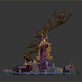 Enchanting Fantasy Scene With Twisted Tree House Blue Water Area Colorful Stones And Glowing Ornaments