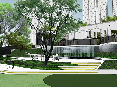 Residential Landscape With Lush Trees Green Lawn And Tiered Steps Near Modern Apartment Buildings 3d model