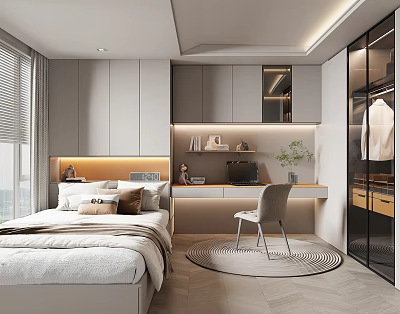 Modern Tatami Bedroom Interior Design With Tatami Bed Built-in Desk Chair And Wardrobe 3d model