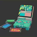 Retro Handheld Computer Open Lid Design With Green Pink Accents And Multiple Game Cartridges