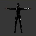 3D Character In Black Bodysuit With Black Helmet And Arms Outstretched On Gray Background