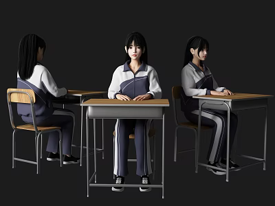 Female Students In School Uniforms Sitting At Desks In Classroom Setting 3d model