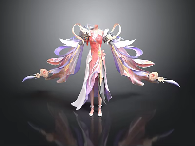 Elegant Female Character Long Dress With Flowing Pink Purple Ribbons And Decorative Design 3d model