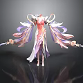 Elegant Female Character Long Dress With Flowing Pink Purple Ribbons And Decorative Design