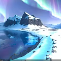 Scenic Snowy Mountain Landscape With Aurora Lights Glaciers And Frozen Lake