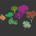 Various Types of Trees with Green Leaves and Leafless Branches on White Background