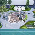 Campus Landscape Featuring Circular Recreational Area Petal Shaped Shelter Benches Green Plants And Students