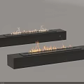 Two Black Wooden Long Rectangular Modern Minimalist Fireplaces With Flames And Wood Grain Surface