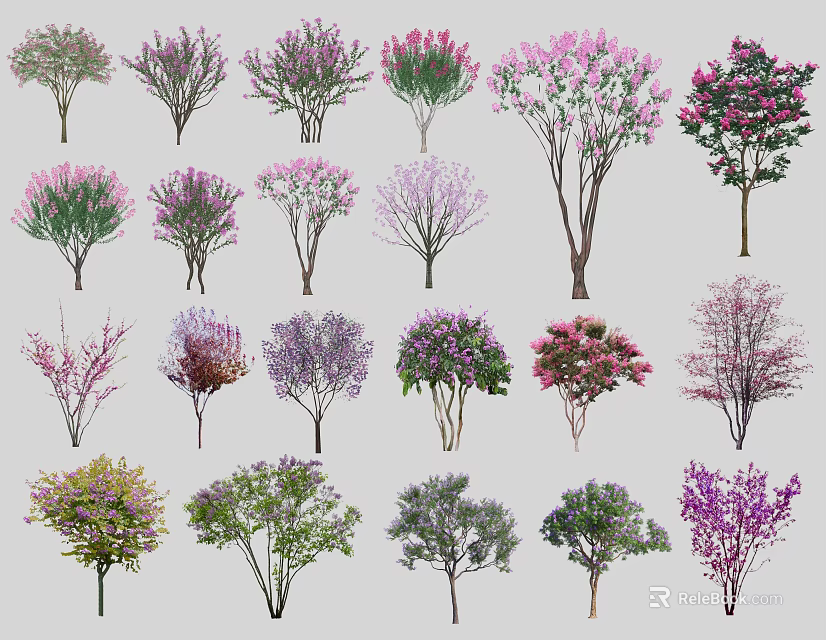 Various Types Of Colorful Flowering Trees With Diverse Foliage And Shapes 3d model 