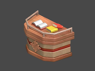 Wooden Desk Design With Open Book Yellow Notebook And Red Stationery 3d model