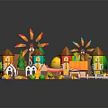 Colorful Cartoon Scene Design With Small Houses Windmills Trees And Fences