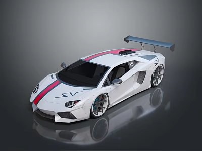 White Sports Car With Red Stripes Rear Spoiler And Aerodynamic Body Design 3d model